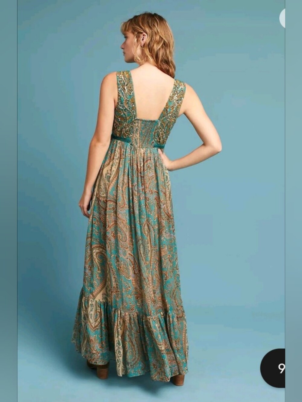 Anthropologie Teal Paisley Maxi Dress with Gold Accents - Picture 13 of 14